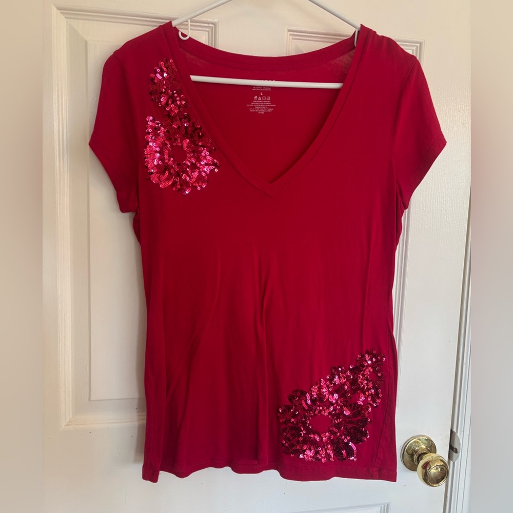 Express Red Sequin V-Neck Tee